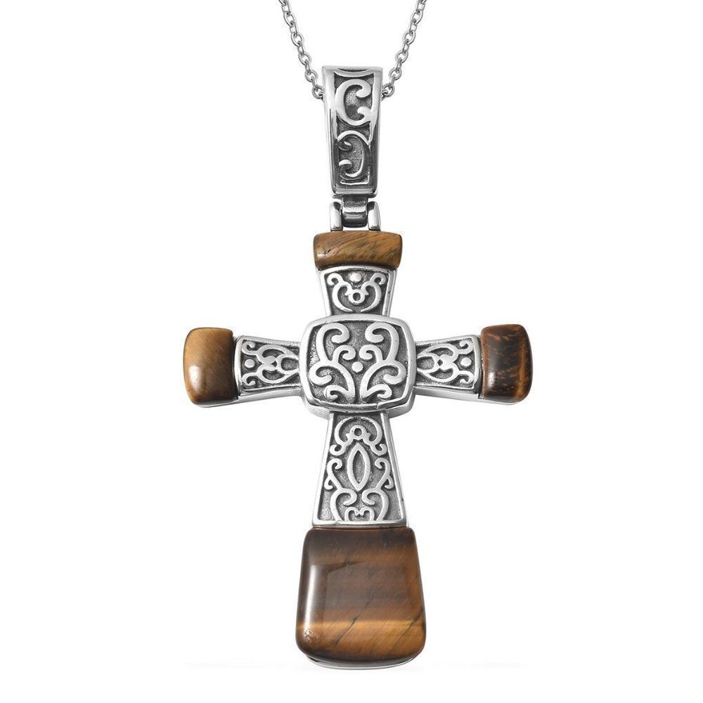 South African Yellow Tiger's Eye Inlay Cross Pendant Necklace 20 in
